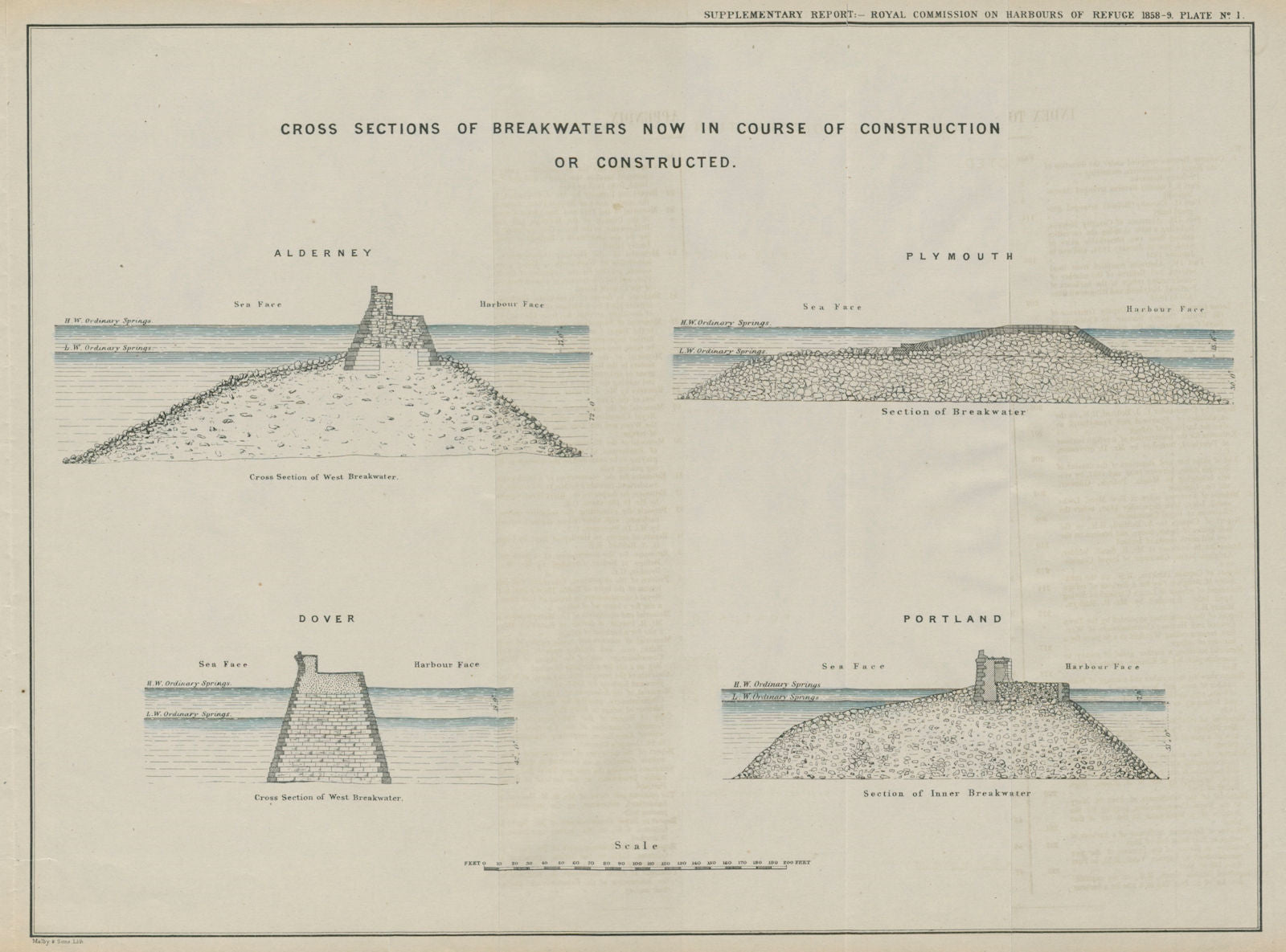 Breakwater cross-sections. Alderney, Plymouth, Dover & Portland 1859 old print